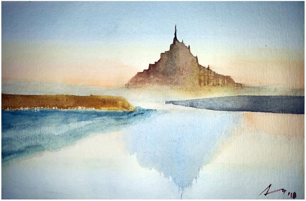 Cityscape watercolor painting titled 'St Mont Michel Normandy France', 7x11 inches, by artist Arunava Ray on Paper