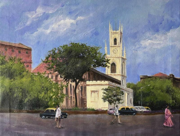 Cityscape oil painting titled 'St Thomas Cathedral', 24x30 inches, by artist Nitin Kitukale on Canvas