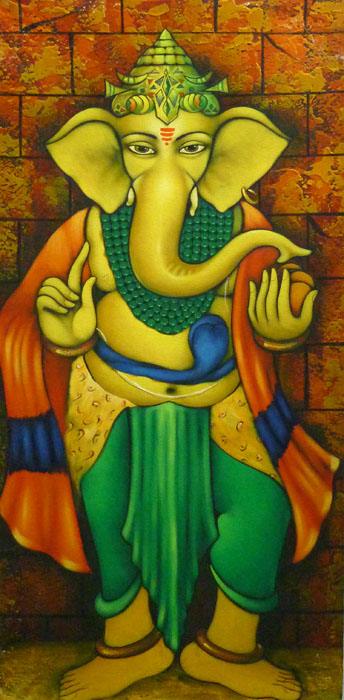 Religious acrylic painting titled 'Standing Ganesha', 40x18 inches, by artist Manoj Aher on Canvas