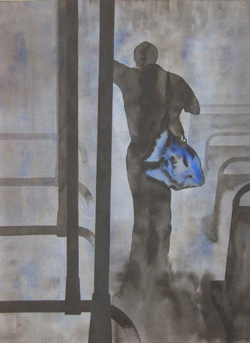 Figurative watercolor painting titled 'Standing In Bus', 30x22 inches, by artist Manish  Sutar on Paper