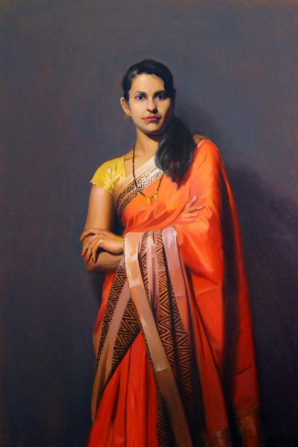 Figurative oil painting titled 'Standing Lady 1', 38x28 inches, by artist Mahesh Soundatte on Canvas