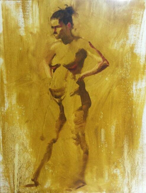 Nude oil painting titled 'Standing Nude 1', 18x20 inches, by artist Ganesh Hire on Canvas