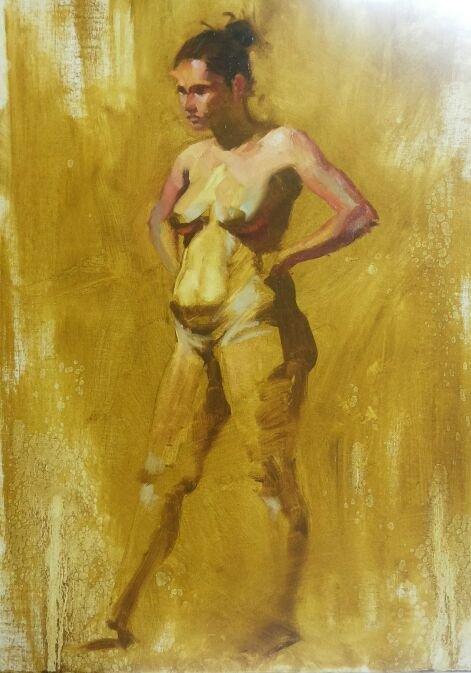 Nude oil painting titled 'Standing Nude 2', 18x20 inches, by artist Ganesh Hire on Canvas