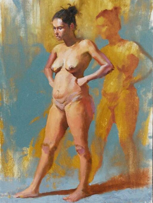 Nude oil painting titled 'Standing Nude', 18x20 inches, by artist Ganesh Hire on Canvas