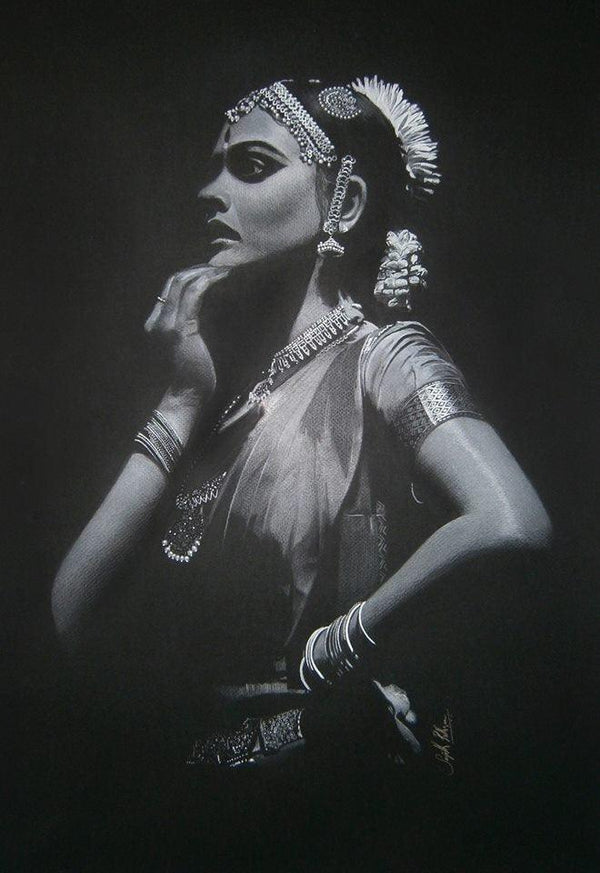 Realistic charcoal drawing titled 'Stare', 30x22 inches, by artist Sujith Puthran on Paper