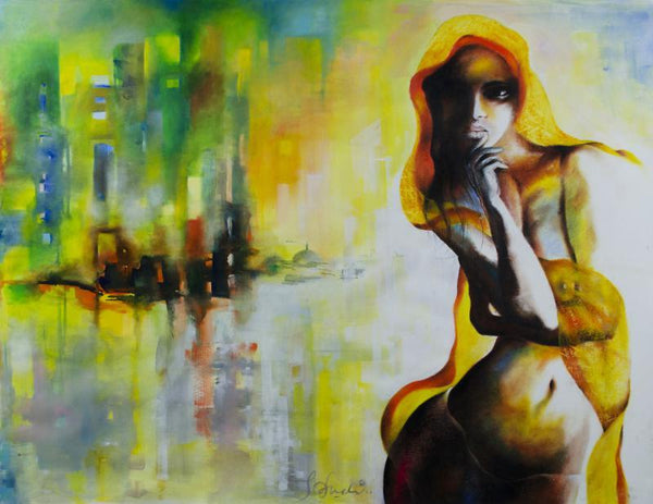 Figurative oil pastel painting titled 'Staring Into The Void 4', 27x35 inches, by artist Tejinder Ladi  Singh on Paper