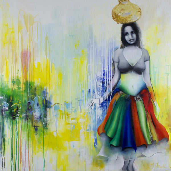 Figurative mixed media painting titled 'Staring Into The Void 5', 48x48 inches, by artist Tejinder Ladi  Singh on Canvas