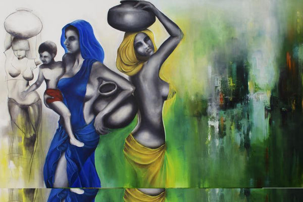 Nude mixed media painting titled 'Staring Into The Void 6', 48x72 inches, by artist Tejinder Ladi  Singh on Canvas