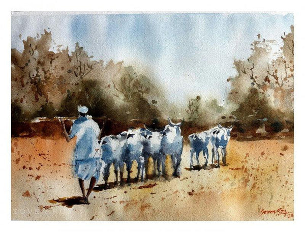 Landscape watercolor painting titled 'Starting For The Day', 14x10 inches, by artist Soven Roy on Paper