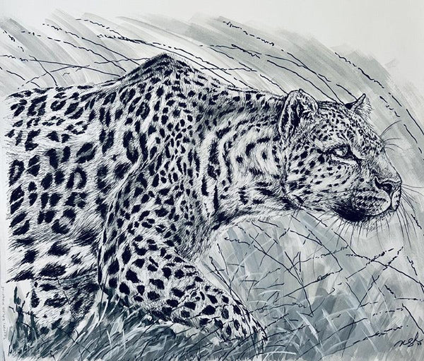 Animals mixed media drawing titled 'Stealth', 30x34 inches, by artist Vikramaditya Singh on Paper
