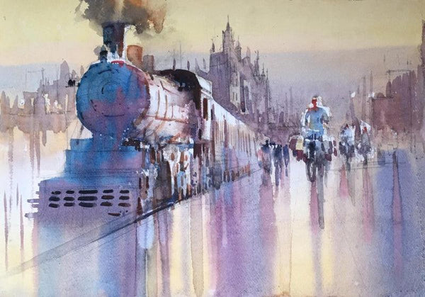 Cityscape watercolor painting titled 'Steam Engine 1', 14x21 inches, by artist Bijay Biswaal on Paper