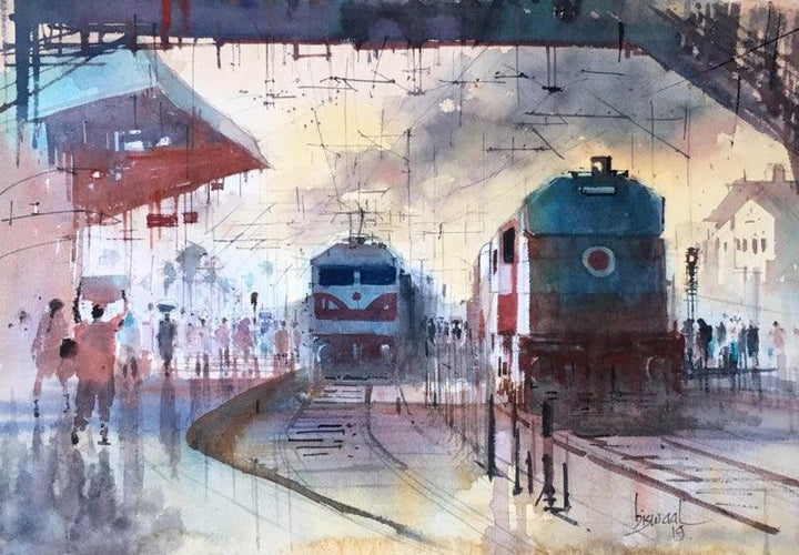 Cityscape watercolor painting titled 'Steam Engine 2', 14x21 inches, by artist Bijay Biswaal on Paper