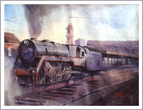 Cityscape watercolor painting titled 'Steam Engine', 35x47 inches, by artist Amit Kapoor on Paper