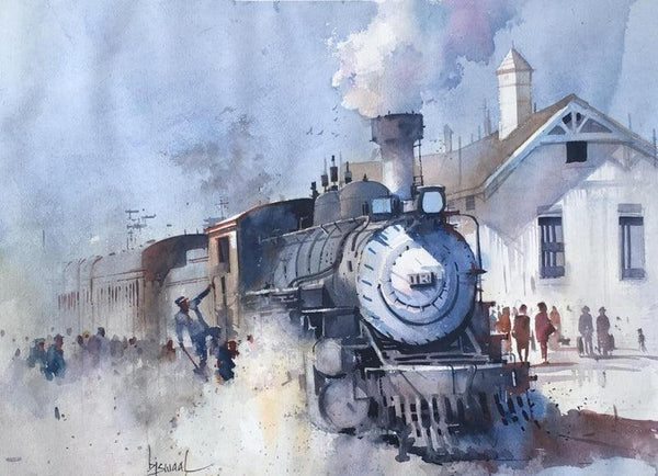 Cityscape watercolor painting titled 'Steam Loco', 22x30 inches, by artist Bijay Biswaal on Paper