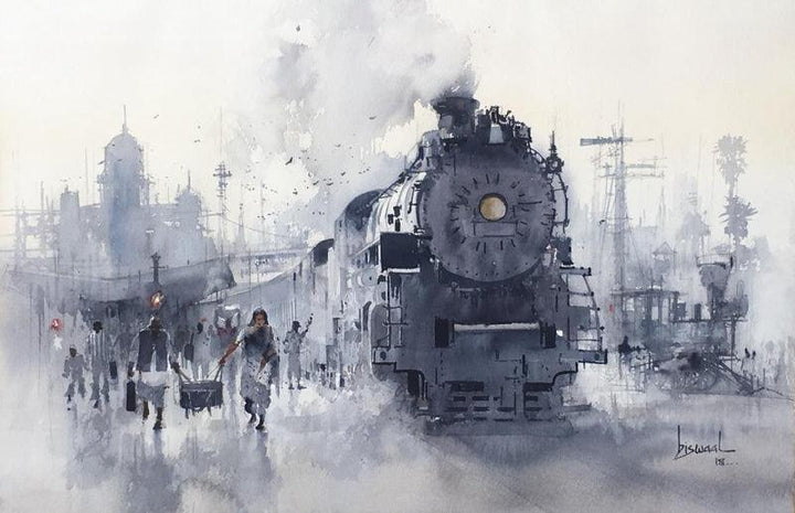 Cityscape watercolor painting titled 'Steam Loco Vintage', 14x22 inches, by artist Bijay Biswaal on Paper