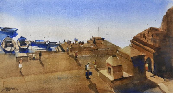 Religious watercolor painting titled 'Step By Step Banaras 4', 12x22 inches, by artist Prashant Prabhu on Archival Paper
