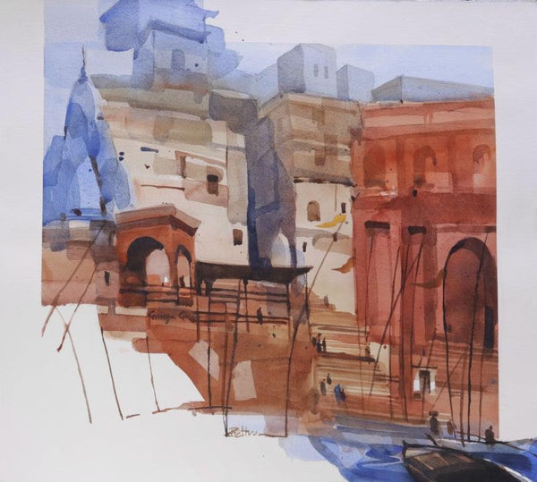 Religious watercolor painting titled 'Step By Step Banaras 7', 20x22 inches, by artist Prashant Prabhu on Archival Paper