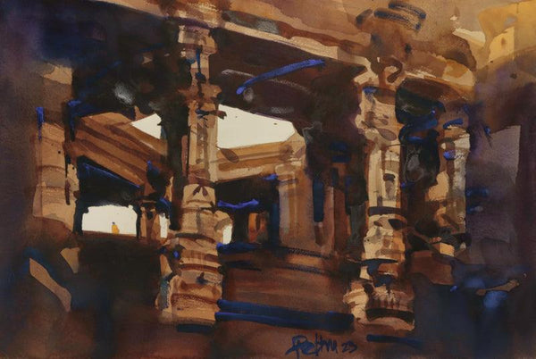 Landscape watercolor painting titled 'Step Well Into The History 2', 15x22 inches, by artist Prashant Prabhu on Arches Paper