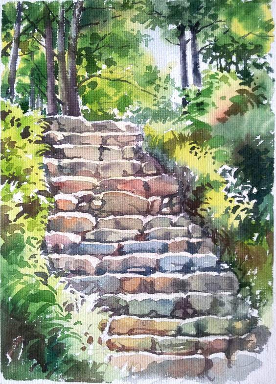 Landscape watercolor painting titled 'Steps', 15x11 inches, by artist Gaurishankar Behera on Paper