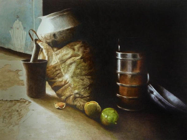 Figurative watercolor painting titled 'Still Life 3', 22x27 inches, by artist Raghunath Sahoo on Paper