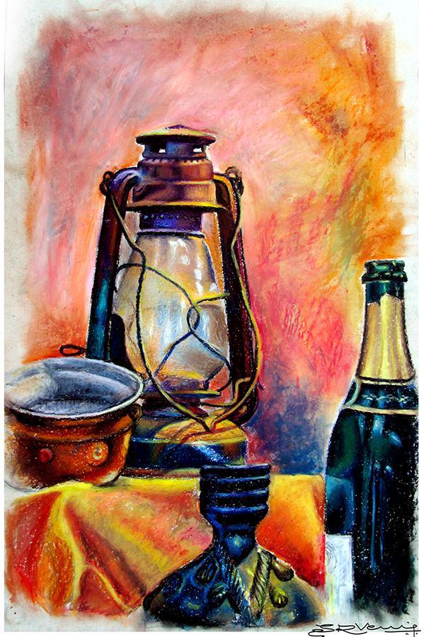 Still-life oil pastel painting titled 'Still Life Oil Pastel', 30x15 inches, by artist SRV ARTIST on Box Board