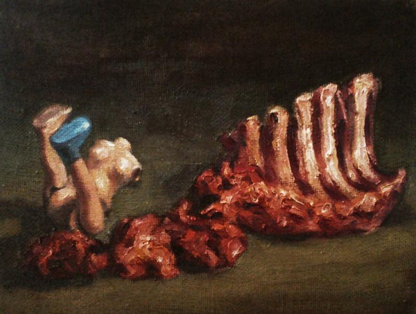 Figurative oil painting titled 'Still Life With Meat And Toy', 9x8 inches, by artist Aditya Puthur on Canvas