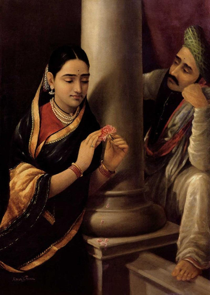 Figurative oil painting titled 'Stolen Interview', 36x26 inches, by artist Raja Ravi Varma Reproduction on Canvas