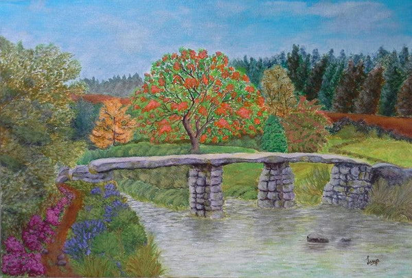 Landscape acrylic painting titled 'Stone bridge amidst nature', 22x15 inches, by artist Lasya Upadhyaya on Canvas Board