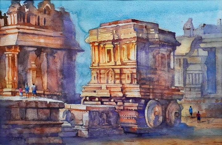 Religious watercolor painting titled 'Stone Chariot', 15x22 inches, by artist Jitendra Divte on Paper