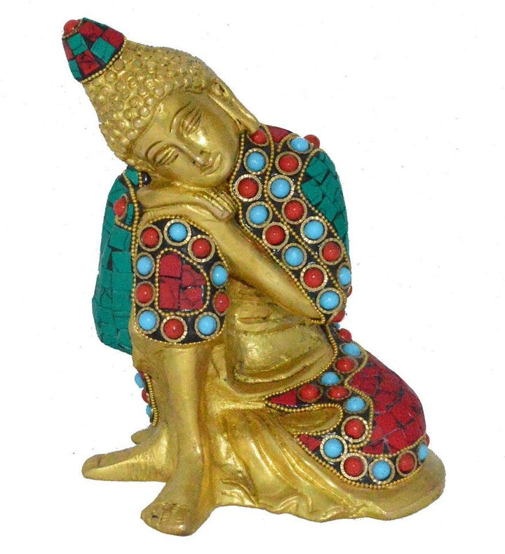 Religious handicraft titled 'Stone Studded Buddha On Knee', 6x5x2 inches, by artist Brass Handicrafts on Brass