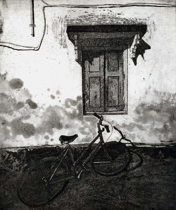 Still-life printmaking titled 'Story Behind Every Window 1', 10x8 inches, by artist Attri Chetan on Paper