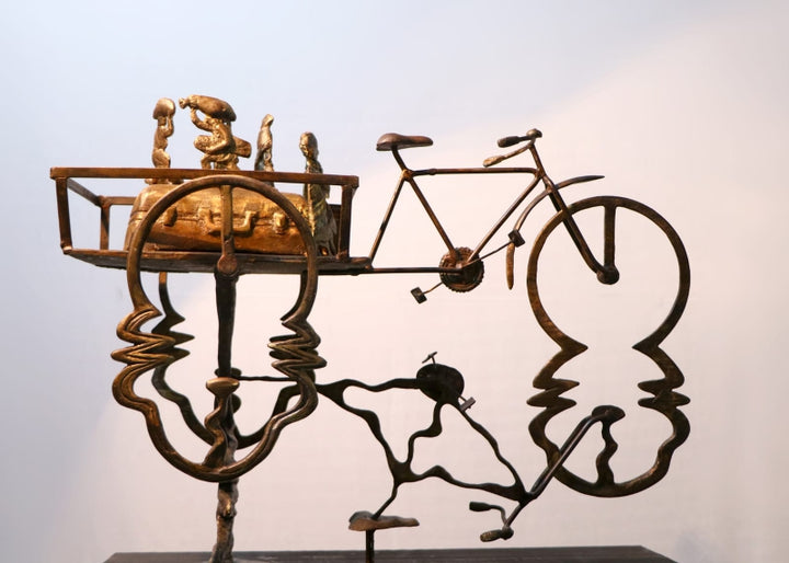 Figurative  sculpture titled 'The Story Of Immigrants', 20x10 inch, by artist Rohan Pawar on Brass