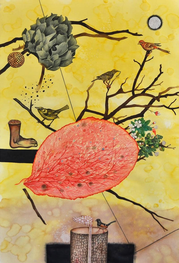 contemporary mixed media painting titled 'Story Of Dry Leaf', 60x42 inches, by artist Haraprasad Tripathy on Acid Free Paper