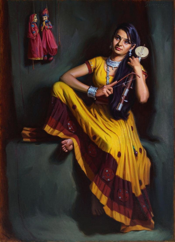 Figurative oil painting titled 'Story Of Puppet', 44x32 inches, by artist Siddharth Gavade on Linen