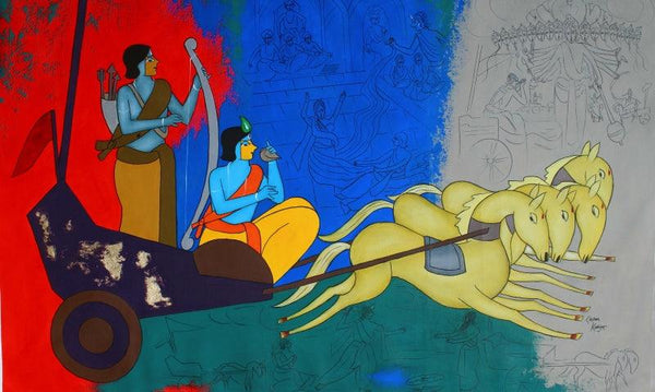 contemporary acrylic painting titled 'Stoty Of Mahabharata', 40x65 inches, by artist Chetan Katigar on Canvas