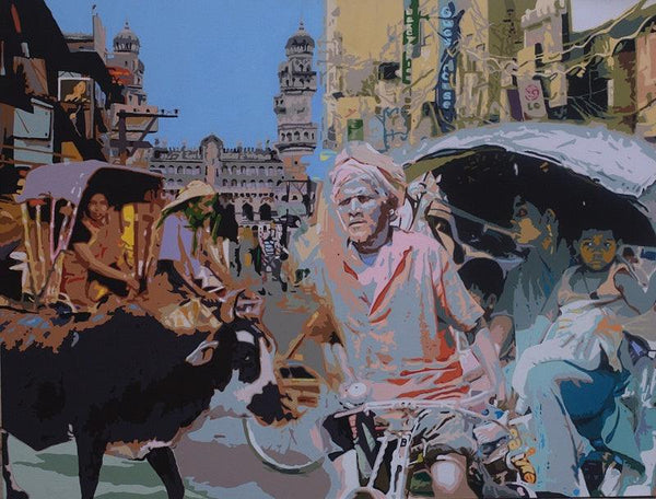 Cityscape acrylic painting titled 'Street 1', 42x58 inches, by artist Fawad Tamkanat on Canvas