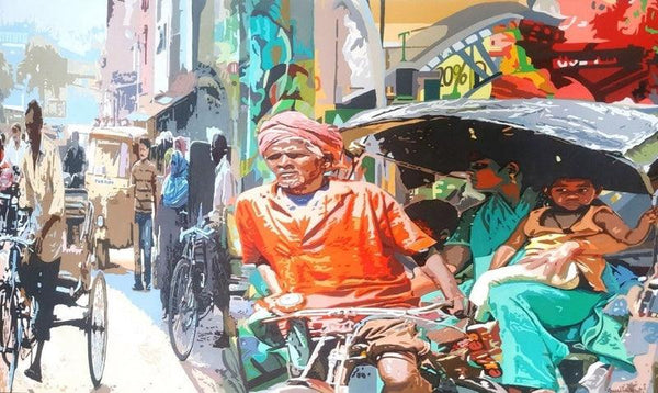 Cityscape acrylic painting titled 'Street 2', 36x62 inches, by artist Fawad Tamkanat on Canvas