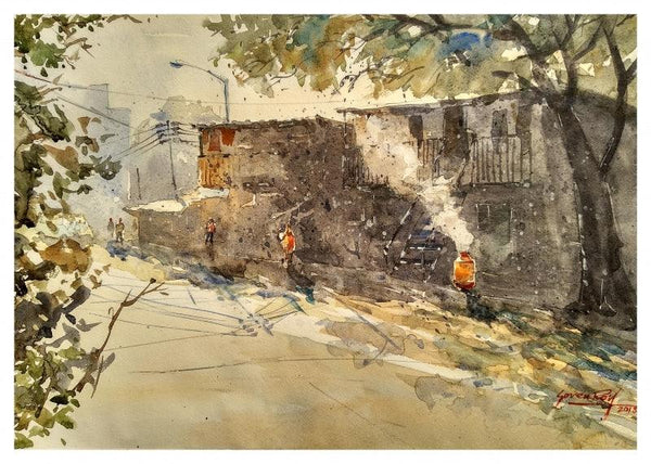 Landscape watercolor painting titled 'Street in Pune', 20x14 inches, by artist Soven Roy on Handmade paper