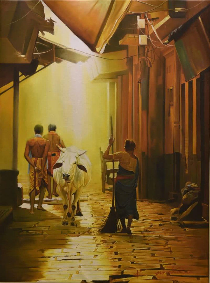 Cityscape oil painting titled 'Street of Banaras', 36x48 inches, by artist Kamal Rao on Canvas