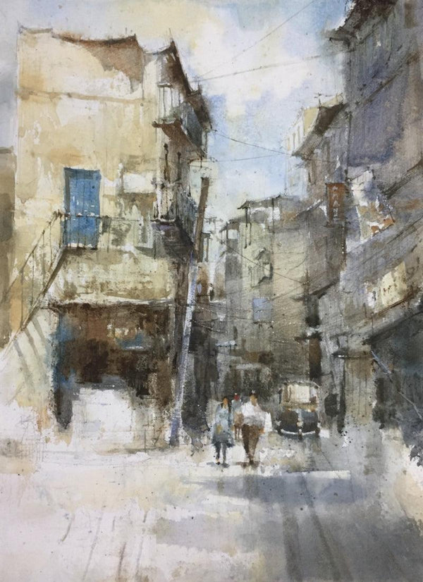 Cityscape watercolor painting titled 'Street Of Peershahkhunt 2', 19x14 inches, by artist Shadab Kazi on Paper
