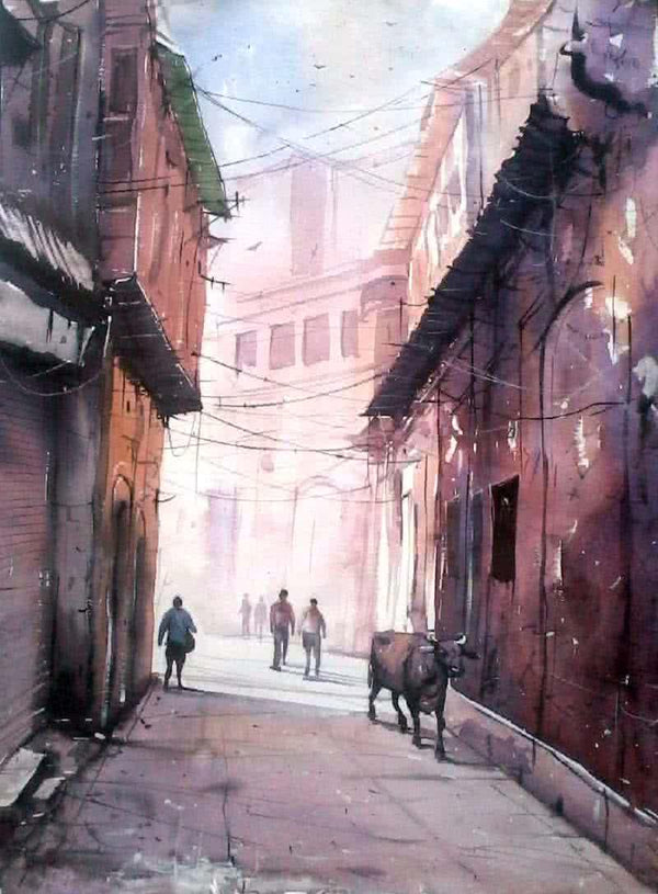 Landscape watercolor painting titled 'Street of Varanasi', 30x22 inches, by artist Amit Kapoor on Handmade Paper