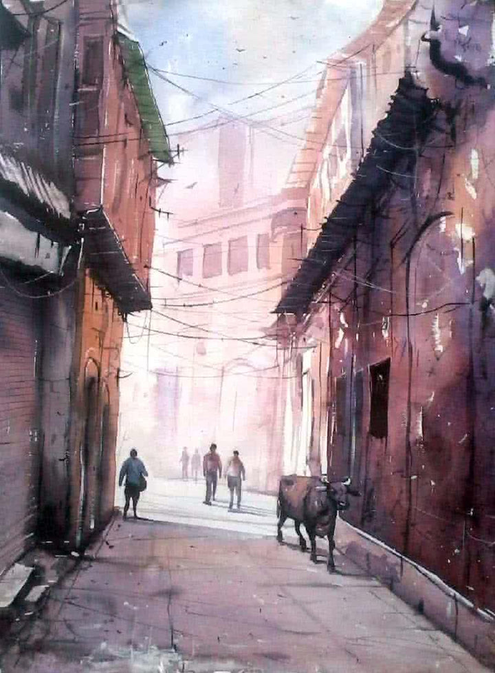 Landscape watercolor painting titled 'Street of Varanasi', 30x22 inches, by artist Amit Kapoor on Handmade Paper