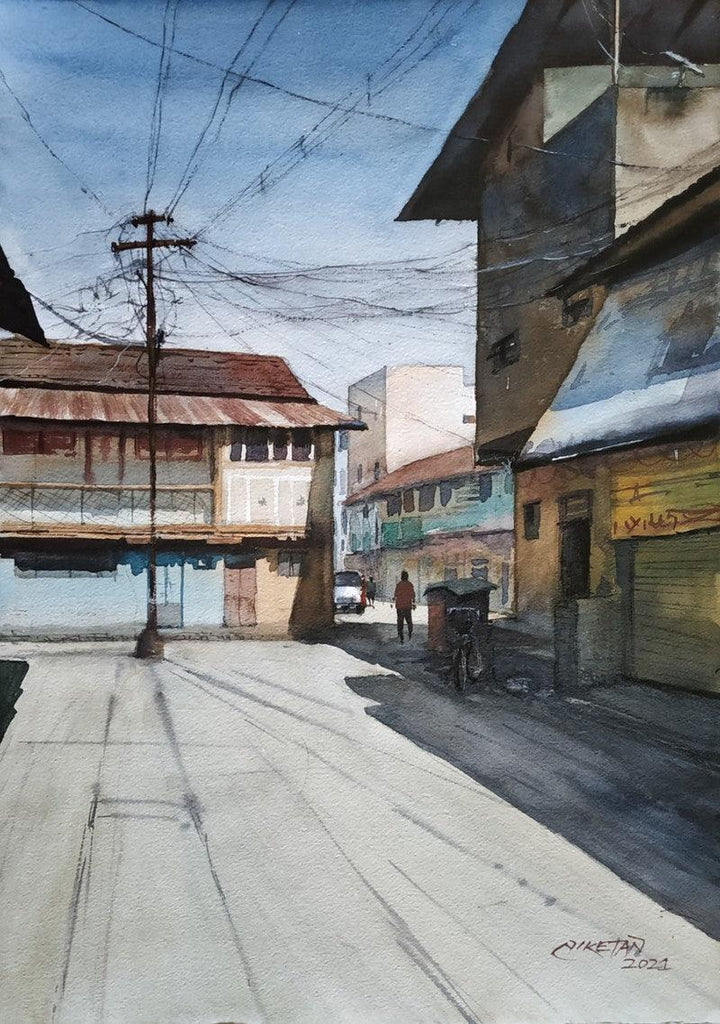 Cityscape watercolor painting titled 'Street Of Village', 17x12 inches, by artist Niketan Bhalerao on Paper