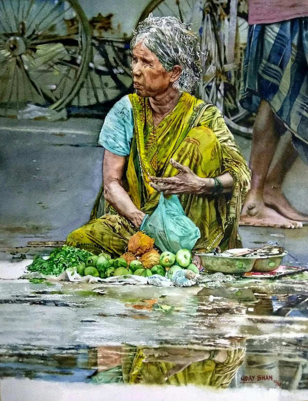 Lifestyle watercolor painting titled 'Street seller old lady', 19x15 inches, by artist Dr Uday Bhan on Paper