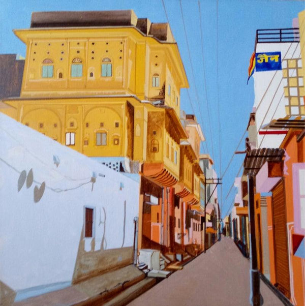 Cityscape acrylic painting titled 'Street Series 5', 24x24 inches, by artist Ajay Mishra on Canvas