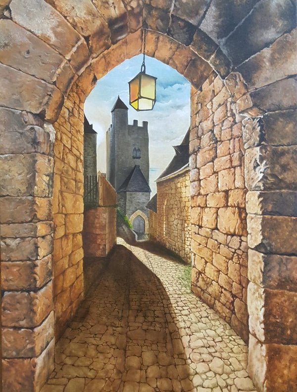 Cityscape oil painting titled 'Street Stone', 78x60 inches, by artist Dhirendra Mandge on Canvas