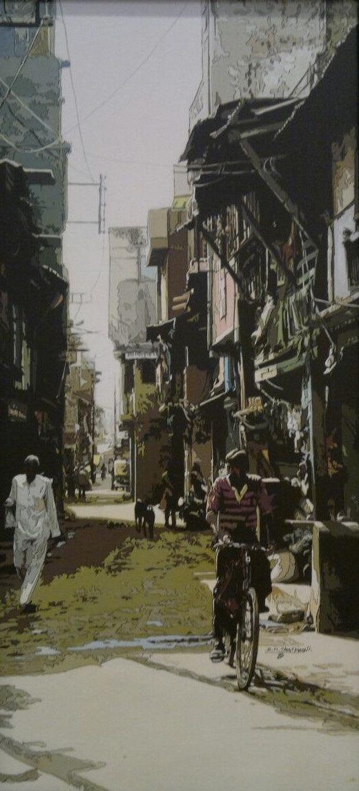 Figurative acrylic painting titled 'Street View 1', 40x20 inches, by artist Dinesh Sharimali on Canvas