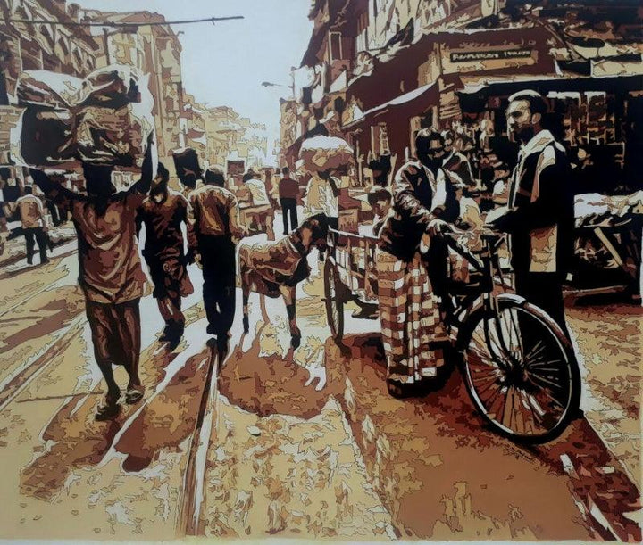 Figurative acrylic painting titled 'Street View 2', 33x39 inches, by artist Dinesh Sharimali on Canvas