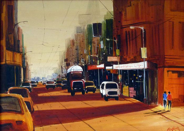 Cityscape acrylic painting titled 'Street View', 24x36 inches, by artist Ekta Singha on Canvas