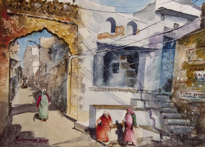 Cityscape watercolor painting titled 'Streets of Jodhpur', 16x12 inches, by artist Mrutyunjaya Dash on Paper